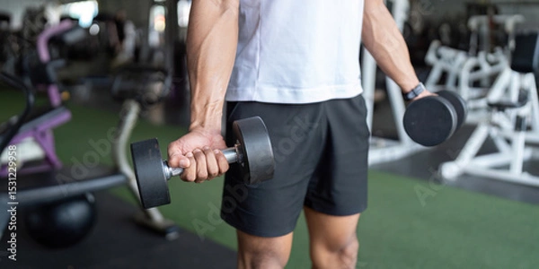 Fototapeta Dumbbell Workout. Man lifting weights in gym for strength training.