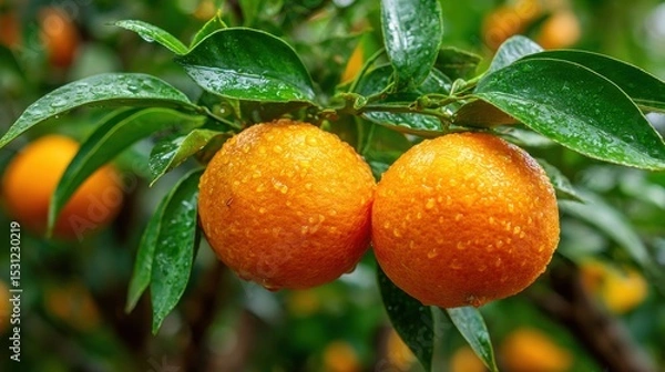 Obraz Two ripe oranges hang on a lush green tree branch, glistening with water droplets. The vibrant orchard background showcases other orange fruits under the sun in late summer.
