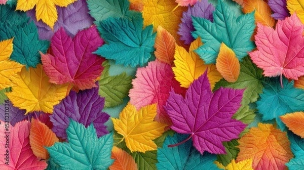 Obraz A variety of autumn leaves in bright colors such as purple, yellow, and teal are spread on a surface, showcasing the beauty of nature during a sunny fall day.