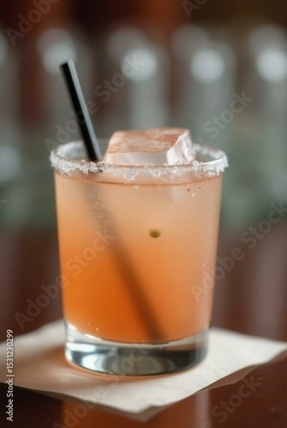 Fototapeta Cocktail Refreshment: A crystal glass showcasing a vibrant cocktail, complete with a straw and ice cube, resting on a soft coaster. The beverage offers a visual treat.