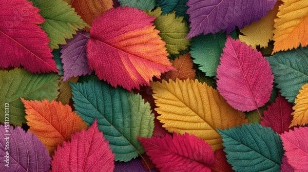 Obraz A variety of leaves in vibrant hues of red, orange, yellow, purple, and green are spread out on a flat surface, showcasing the beauty of autumn foliage and seasonal change.