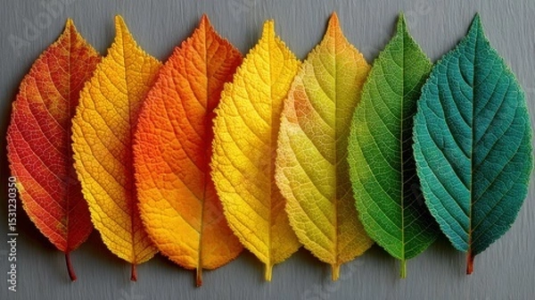 Obraz Vibrant leaves in shades of red, orange, yellow, and green are lined up in a smooth gradient, showcasing the beauty of autumn hues against a soft gray backdrop.