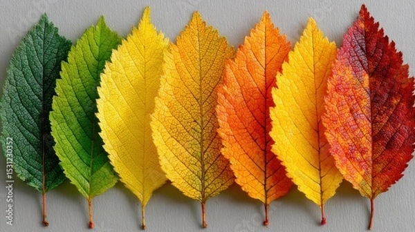 Obraz A collection of seven leaves shows a gradient of colors from vibrant green to deep red. The leaves vary in size and texture, highlighting the beauty of seasonal changes in nature.