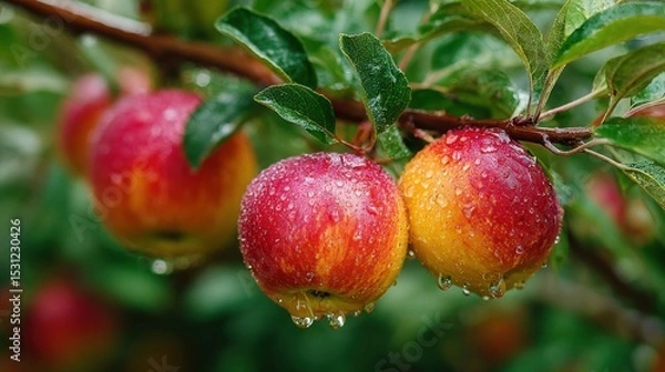 Obraz Juicy red and yellow apples hang from a lush branch, shimmering with raindrops. The vibrant orchard setting showcases the bounty of summer, creating a refreshing atmosphere.
