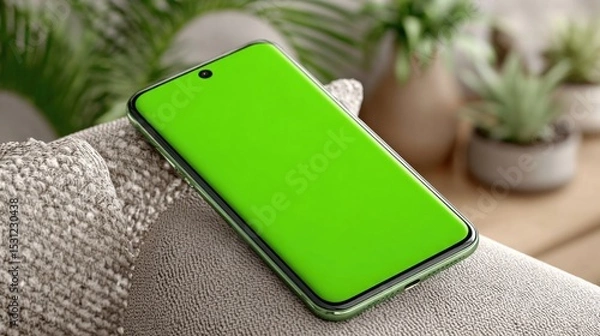 Obraz A sleek green smartphone rests on a textured cushion in a stylish living room. Soft lighting highlights various indoor plants in decorative pots nearby.