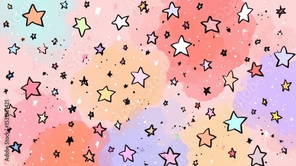 Obraz A vibrant collection of stars dances across a pastel background, featuring a mix of soft colors like pink, blue, and peach, creating a cheerful, whimsical atmosphere perfect for decoration or design.