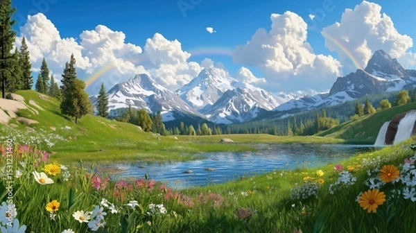 Obraz Vibrant summer landscape with mountains, flowers, and a serene lake under a rainbow in a clear blue sky