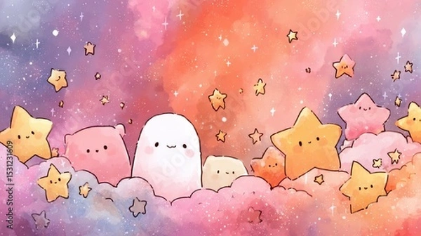 Obraz A whimsical scene featuring adorable characters, including a ghost and cheerful creatures, surrounded by fluffy clouds and shining stars under a vibrant sky at twilight.