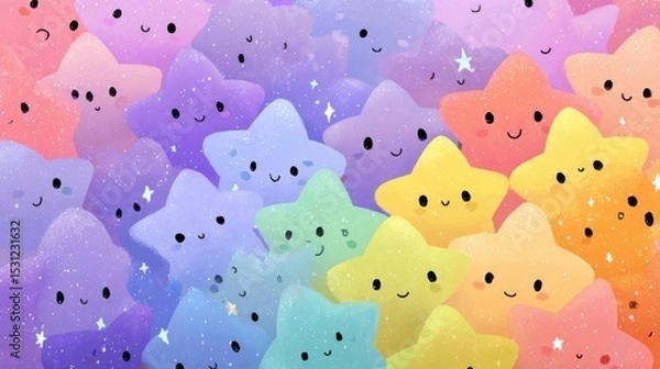 Obraz A playful arrangement of cartoon stars with cheerful expressions fills the canvas, showcasing a gradient of soft colors set against a dreamy background.