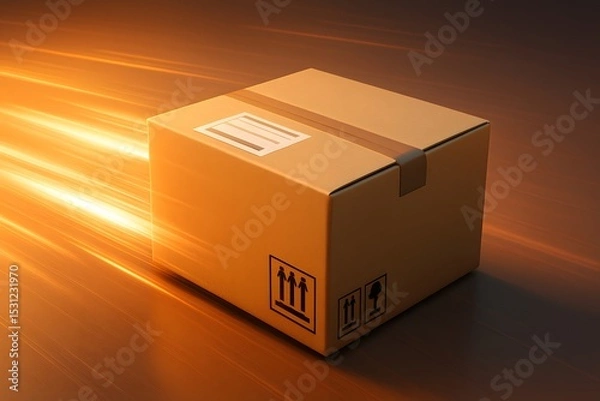 Fototapeta Cardboard package with motion blur effect and delivery symbols