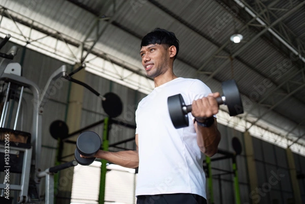 Fototapeta Strength Training Focus. Young man performing bicep curls with dumbbells in gym.