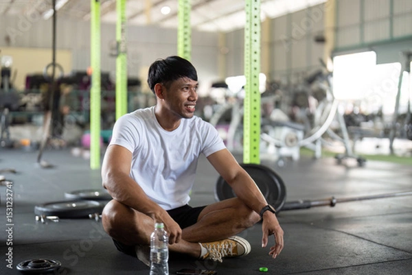 Fototapeta Fitness and Motivation. Young man smiling while resting in gym after workout.