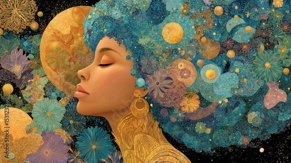 Fototapeta A woman with a serene expression displays a lush hairstyle made of colorful flowers and celestial motifs. The background features vibrant dots and patterns, creating an enchanting atmosphere.