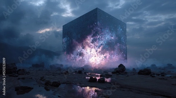 Obraz A striking cube stands amidst a rocky landscape at twilight, reflecting a mesmerizing cosmic scene. Soft light and mist create an ethereal atmosphere around the structure.