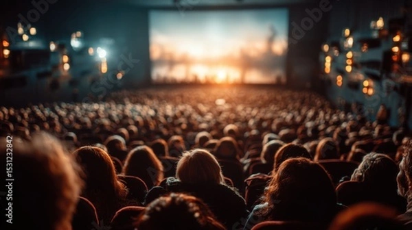 Obraz A vast number of people are seated in a dimly lit theater, attentively watching a film on the big screen as bright visuals illuminate the dark space.