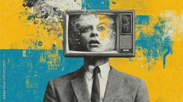 Obraz A surreal artwork illustrates a man in a suit with a vintage television for a head, showing an expression of shock against a vibrant yellow and blue background, symbolizing confusion and isolation.