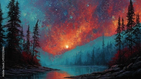 Obraz A breathtaking sunset casts warm colors over a calm lake, while a starry sky illuminates the mountain silhouette. Tall trees frame the serene landscape, creating a peaceful atmosphere.
