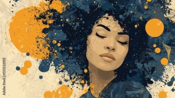 Obraz Vibrant artwork depicts a woman with curly hair immersed in a colorful array of abstract shapes. The design highlights themes of beauty, creativity, and self-expression.