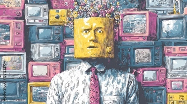 Fototapeta A person with a yellow box head stands in front of an array of vintage televisions. The head is filled with colorful gears and items, creating a whimsical yet unsettling atmosphere.
