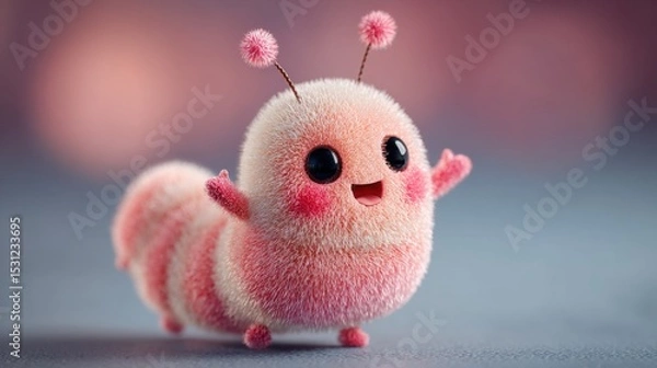 Obraz A fluffy caterpillar-like creature with bright eyes and cheerful expression raises its arms in happiness. Its pastel colors blend harmoniously with a soft background, evoking joy.