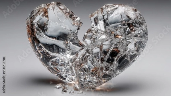 Obraz A shattered glass heart lies on a surface, capturing light and creating reflections. The fractured pieces reveal sharp edges and a delicate structure, symbolizing heartbreak or loss.