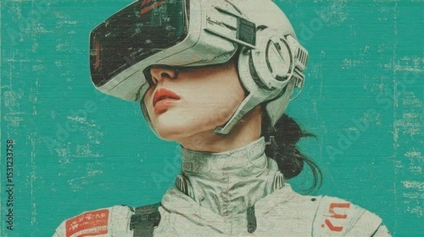 Obraz A woman stands confidently wearing a virtual reality headset. The bright turquoise background highlights her focus and the sleek design of the headset, creating a futuristic atmosphere.