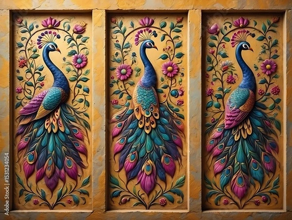 Fototapeta Golden Thai style painting on an ancient temple door, showcasing intricate Buddhist art and cultural design