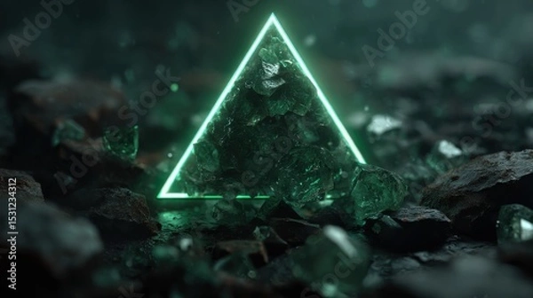 Obraz A glowing green triangle emerges from a bed of dark rocks and jagged crystal pieces. The low light creates an ethereal ambiance, enhancing the mystical atmosphere of the setting.
