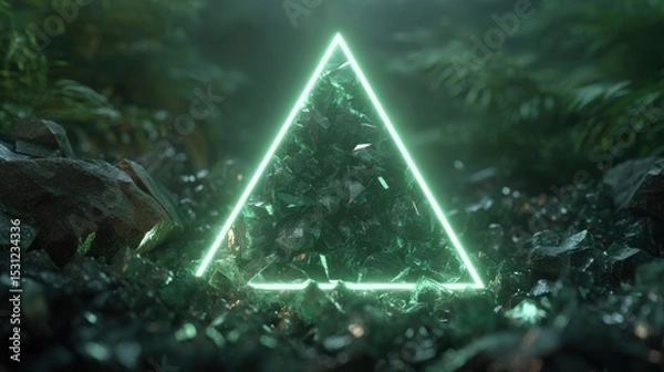 Obraz An illuminated green pyramid made of crystalline material sits among dark rocks and lush vegetation in an enchanting forest at night. Soft light enhances the mystical atmosphere.