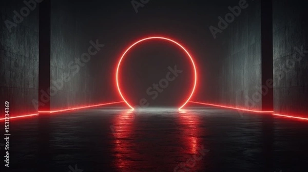 Obraz A vibrant red neon circle stretches against the dark walls of a corridor, creating a striking contrast. The glowing lines reflect on the floor, enhancing the atmospheric setting.