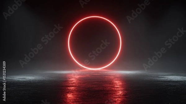 Fototapeta A vibrant red neon circle illuminates a dimly lit space filled with mist. The reflective surface enhances the dramatic effect, creating an otherworldly ambiance during nighttime.
