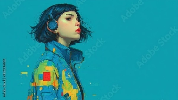 Obraz A young woman with short black hair poses against a vibrant blue backdrop, wearing a blue jacket and headphones while exuding a confident aura. The artwork blends colors and textures.