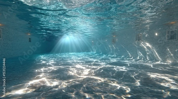 Fototapeta Sunlight streams through the surface of an indoor swimming pool, creating a serene atmosphere with shimmering water reflections and a tranquil vibe in the late afternoon.