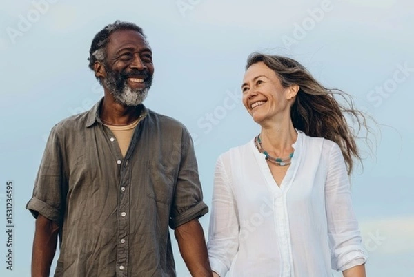 Fototapeta Portrait of a satisfied multiethnic couple in their 50s holding hands