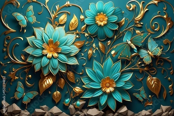 Fototapeta Elegant seamless floral pattern with gold flower and leaf illustration on a vintage texture background for textile design or wallpaper