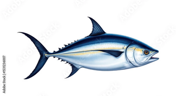 Fototapeta solo atlantic bluefin tuna head on a white background, in a detailed style, with intricate lines, minimal shadow, bright light, high resolution