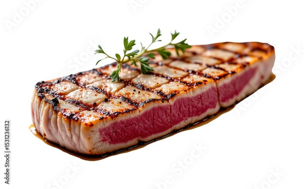 Fototapeta solo grilled atlantic bluefin tuna steak on a white background, in a detailed style, with intricate lines, minimal shadow, bright light, high resolution