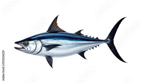 Fototapeta solo atlantic bluefin tuna fillet with fat lines on a white background, in a detailed style, with intricate lines, minimal shadow, bright light, high resolution