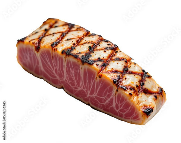 Fototapeta solo grilled atlantic bluefin tuna collar on a white background, in a detailed style, with intricate lines, minimal shadow, bright light, high resolution