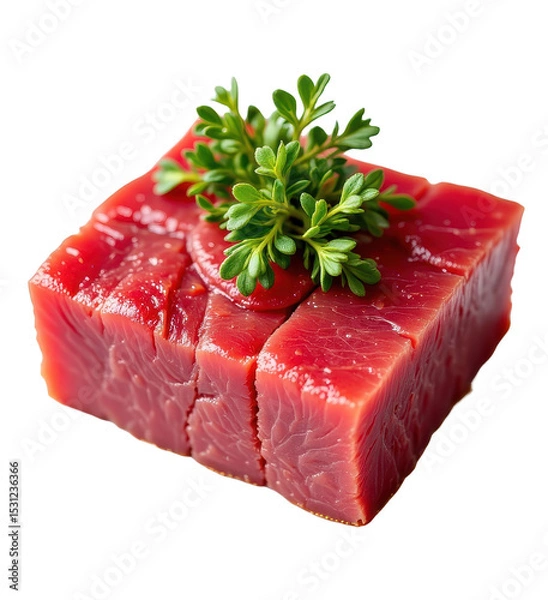 Fototapeta solo seared atlantic bluefin tuna tataki on a white background, in a detailed style, with intricate lines, minimal shadow, bright light, high resolution