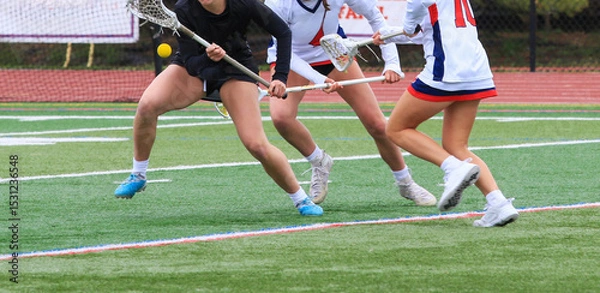 Obraz Female Lacrosse Players Engage in Competitive Play on Turf Grassy Field