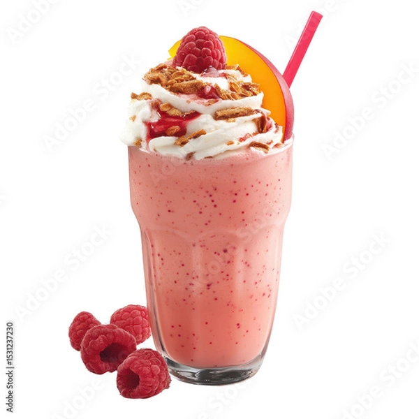 Fototapeta Refreshing raspberry peach milkshake topped with whipped cream and fruit, perfect for summer enjoyment