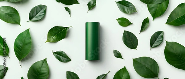 Fototapeta A green bottle is placed in the middle of a bunch of green leaves