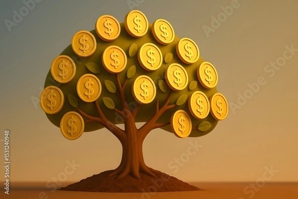 Fototapeta Golden Tree with Coins Symbolizing Wealth and Prosperity Growth