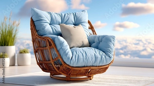 Obraz Cozy Brown Wicker Swivel Glider Chair with Blue Cushions in Serene Sky View