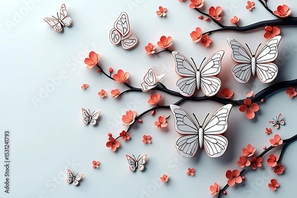 Fototapeta Elegant Paper Butterflies and Cherry Blossoms A Delicate Springtime Design