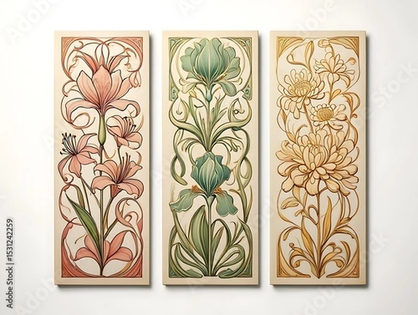 Fototapeta Art Nouveau Floral Triptych Lilies, Irises, and Chrysanthemums Canvas Prints