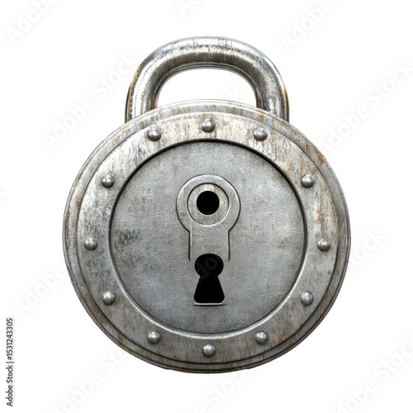 Fototapeta Rusty padlock secured tightly on a wooden background, showcasing its detailed texture and classic design