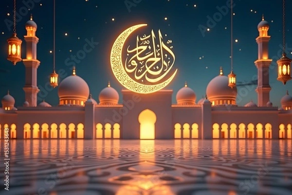 Fototapeta Illuminated mosque with crescent moon celebrating islamic festivals and holidays at dusk