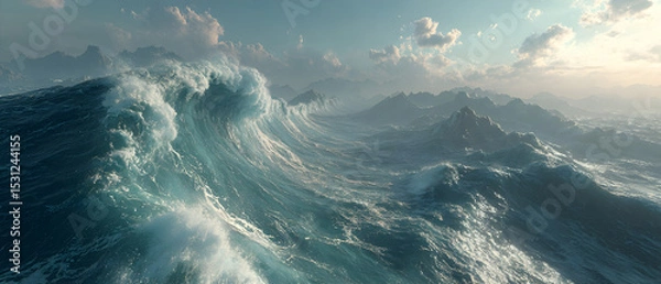 Fototapeta A large wave is crashing on a rocky shore, stock photo